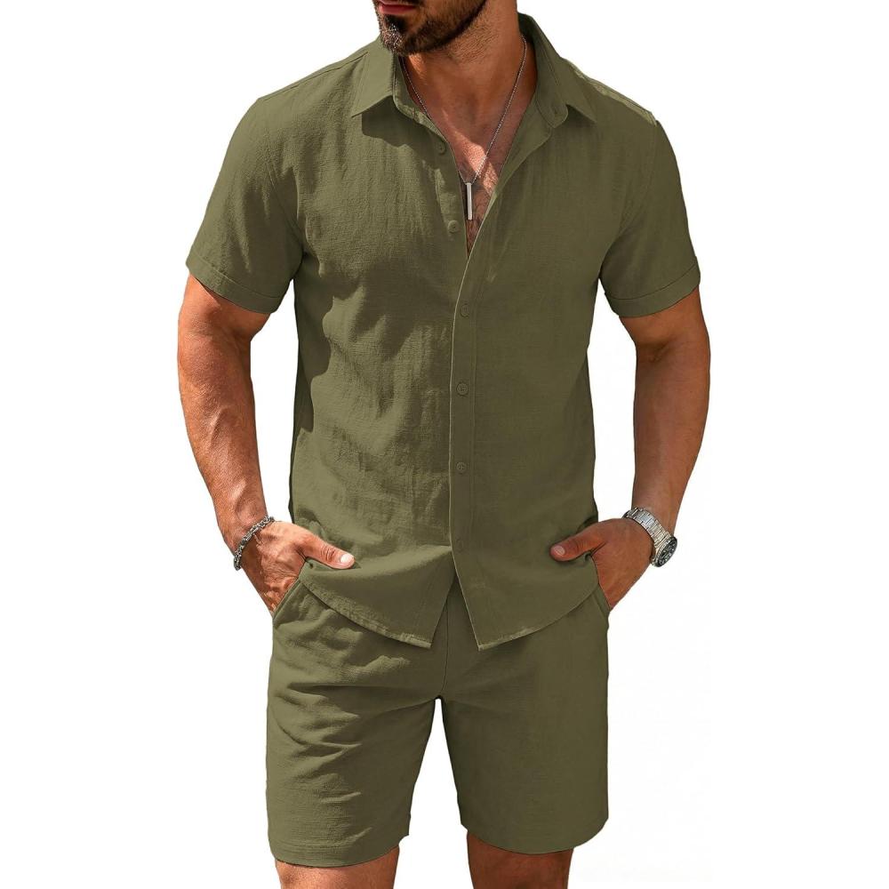 imageCOOFANDY Mens 2 Pieces Cotton Linen Set Short Sleeve Button Down Shirts Summer Beach Shorts Casual OutfitsGreen