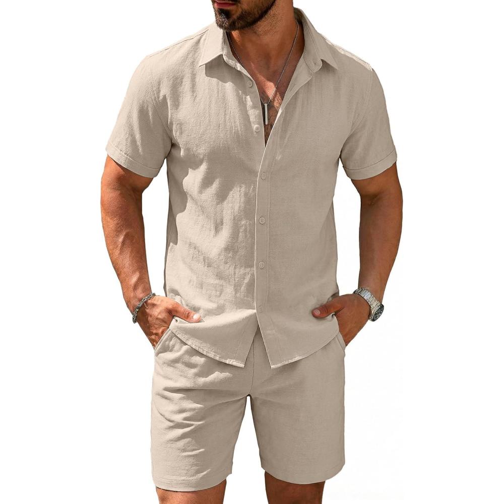 imageCOOFANDY Mens 2 Pieces Cotton Linen Set Short Sleeve Button Down Shirts Summer Beach Shorts Casual OutfitsMoon Gray