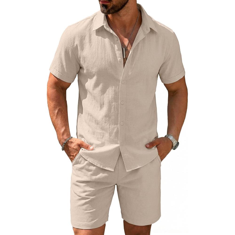 imageCOOFANDY Mens 2 Pieces Cotton Linen Set Short Sleeve Button Down Shirts Summer Beach Shorts Casual OutfitsShallow Coffee