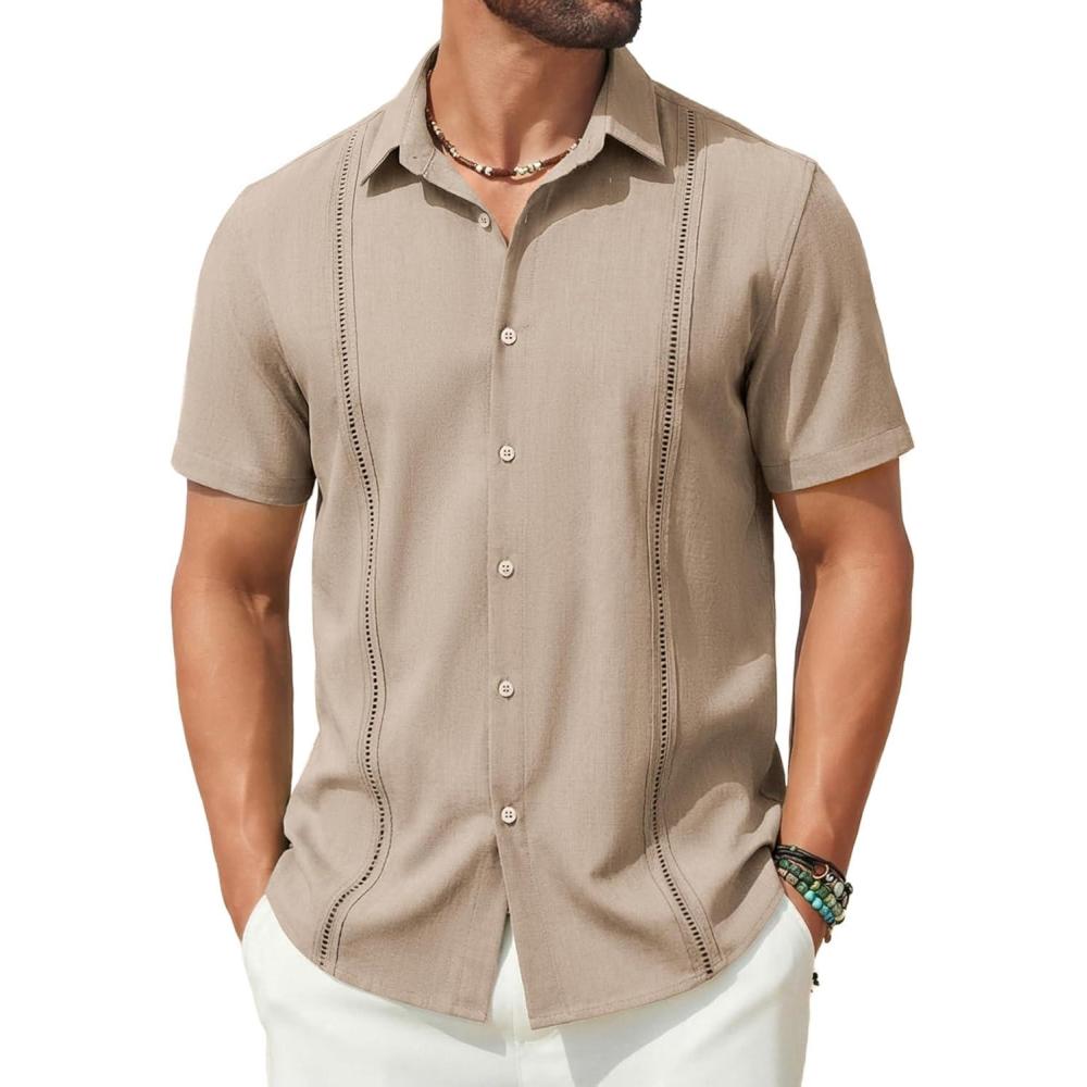 imageCOOFANDY Mens Short Sleeve Cuban Guayabera Shirt Casual Summer Beach Button Down ShirtsKhaki