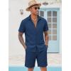 COOFANDY Men’s 2 Pieces Cotton Linen Set Short Sleeve Button Down Shirts Summer Beach Shorts Casual Outfits(Navy Blue)