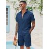 COOFANDY Men’s 2 Pieces Cotton Linen Set Short Sleeve Button Down Shirts Summer Beach Shorts Casual Outfits(Navy Blue)