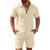 COOFANDY Men’s 2 Pieces Cotton Linen Set Short Sleeve Button Down Shirts Summer Beach Shorts Casual Outfits(Beige)