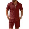 COOFANDY Men’s 2 Pieces Cotton Linen Set Short Sleeve Button Down Shirts Summer Beach Shorts Casual Outfits(Crimson)