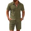 COOFANDY Men’s 2 Pieces Cotton Linen Set Short Sleeve Button Down Shirts Summer Beach Shorts Casual Outfits(Green)