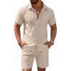 COOFANDY Men’s 2 Pieces Cotton Linen Set Short Sleeve Button Down Shirts Summer Beach Shorts Casual Outfits(Shallow Coffee)