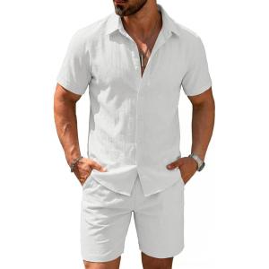 COOFANDY Men’s 2 Pieces Cotton Linen Set Short Sleeve Button Down Shirts Summer Beach Shorts Casual Outfits(A Pure White)