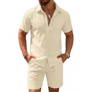 COOFANDY Men’s 2 Pieces Cotton Linen Set Short Sleeve Button Down Shirts Summer Beach Shorts Casual Outfits(Beige)