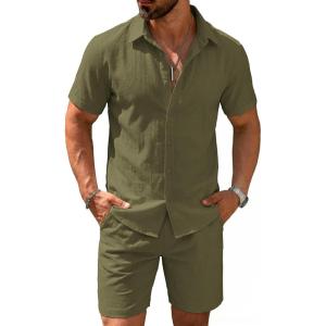COOFANDY Men’s 2 Pieces Cotton Linen Set Short Sleeve Button Down Shirts Summer Beach Shorts Casual Outfits(Green)