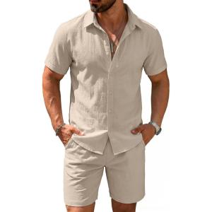 COOFANDY Men’s 2 Pieces Cotton Linen Set Short Sleeve Button Down Shirts Summer Beach Shorts Casual Outfits(Moon Gray)