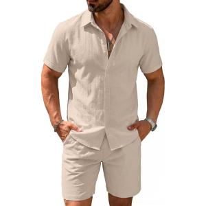 COOFANDY Men’s 2 Pieces Cotton Linen Set Short Sleeve Button Down Shirts Summer Beach Shorts Casual Outfits(Shallow Coffee)