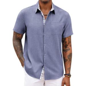 COOFANDY Men’s Button Down Shirts Short Sleeve Casual Summer Beach Vacation Wedding Shirt with Pocket(Blue Grey)
