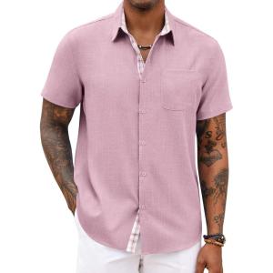 COOFANDY Men’s Button Down Shirts Short Sleeve Casual Summer Beach Vacation Wedding Shirt with Pocket(Deep Pink)