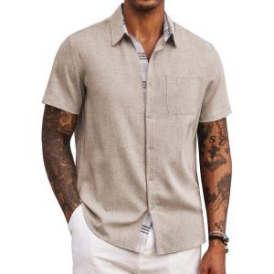 COOFANDY Men’s Button Down Shirts Short Sleeve Casual Summer Beach Vacation Wedding Shirt with Pocket(Khaki – Light Brown Plaid)