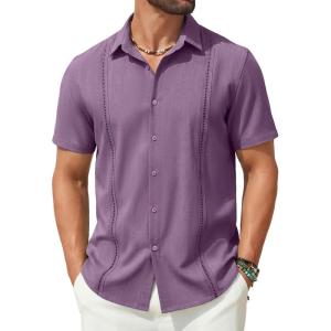 COOFANDY Mens Short Sleeve Cuban Guayabera Shirt Casual Summer Beach Button Down Shirts(Deep Purple)