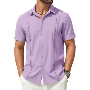COOFANDY Mens Short Sleeve Cuban Guayabera Shirt Casual Summer Beach Button Down Shirts(Light Purple)