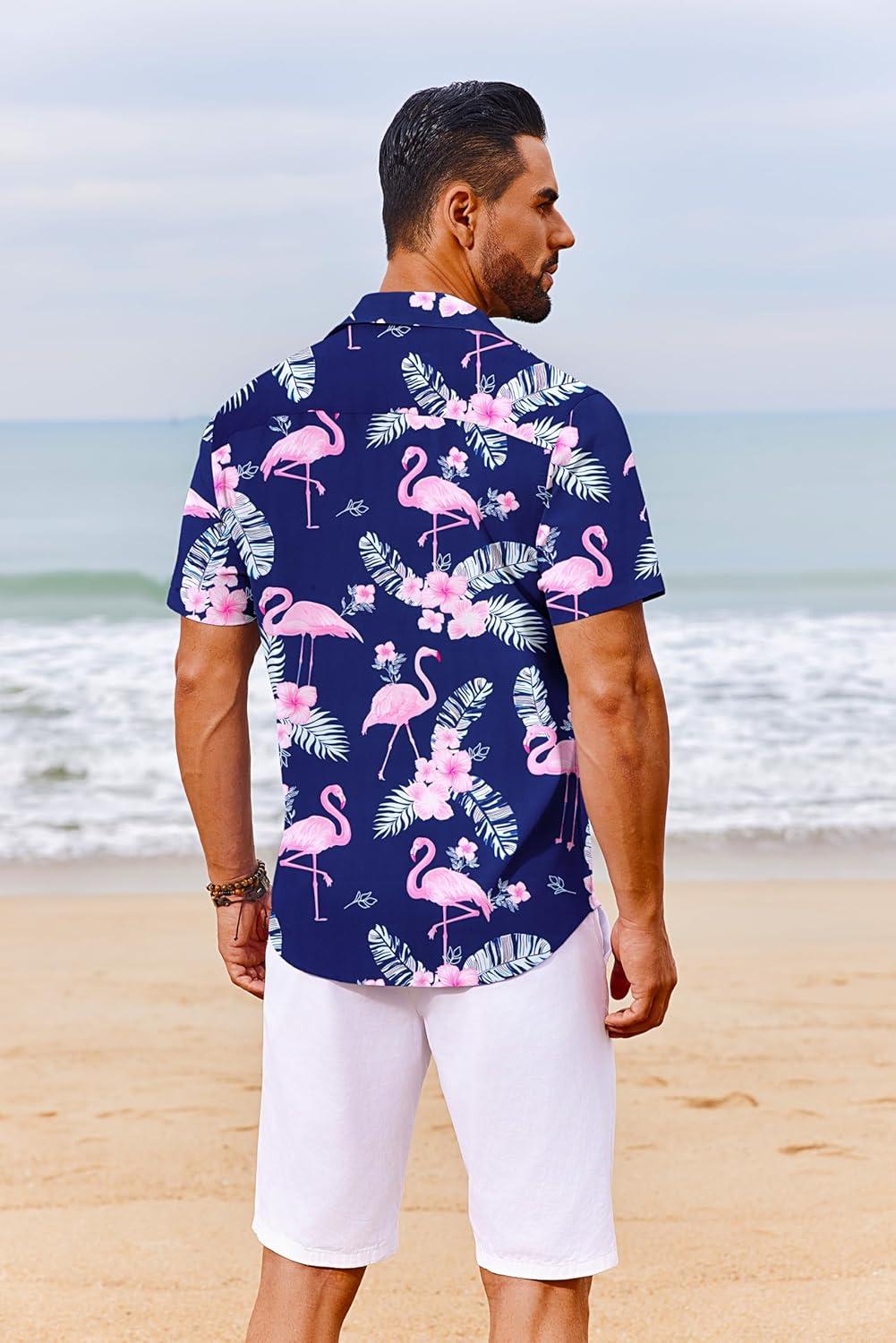 imageCOOFANDY Mens Hawaiian Shirt Short Sleeve Button Down Shirts Tropical Floral Summer Beach ShirtsBlue Flamingo