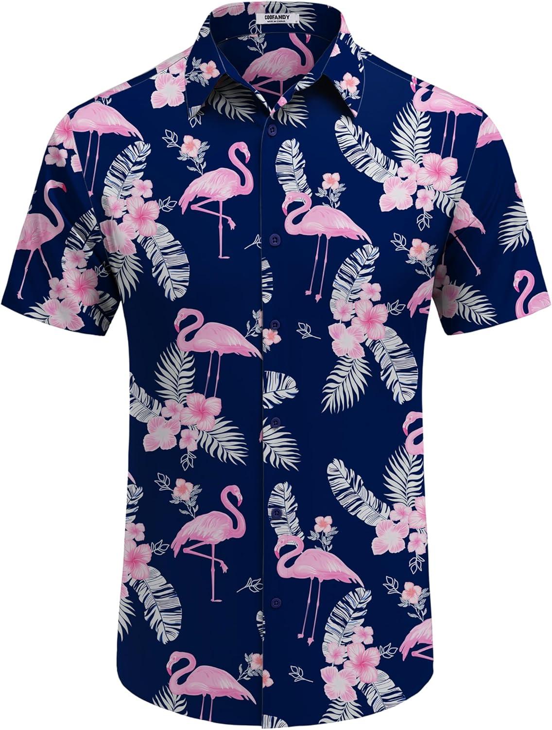 imageCOOFANDY Mens Hawaiian Shirt Short Sleeve Button Down Shirts Tropical Floral Summer Beach ShirtsBlue Flamingo