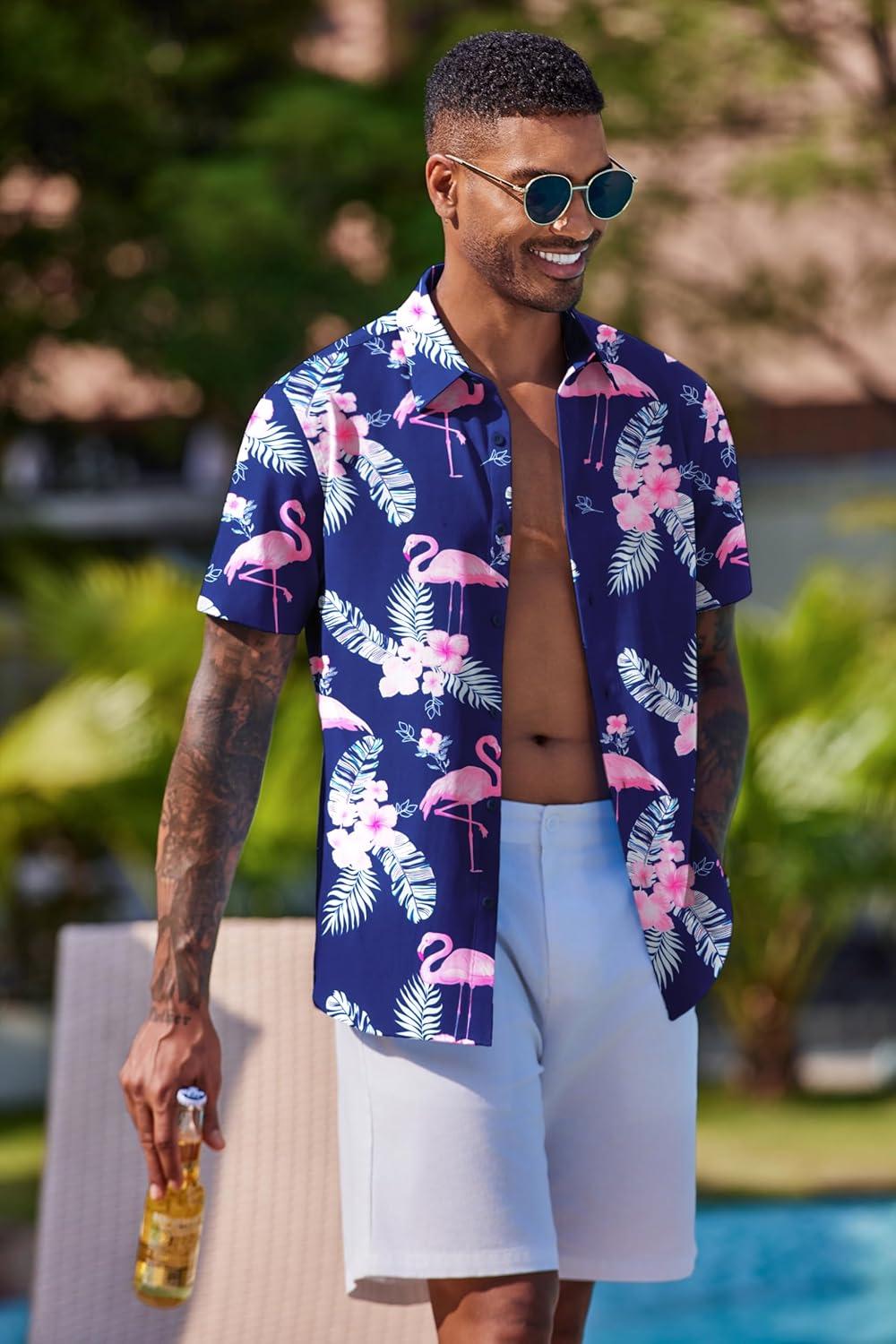 imageCOOFANDY Mens Hawaiian Shirt Short Sleeve Button Down Shirts Tropical Floral Summer Beach ShirtsBlue Flamingo