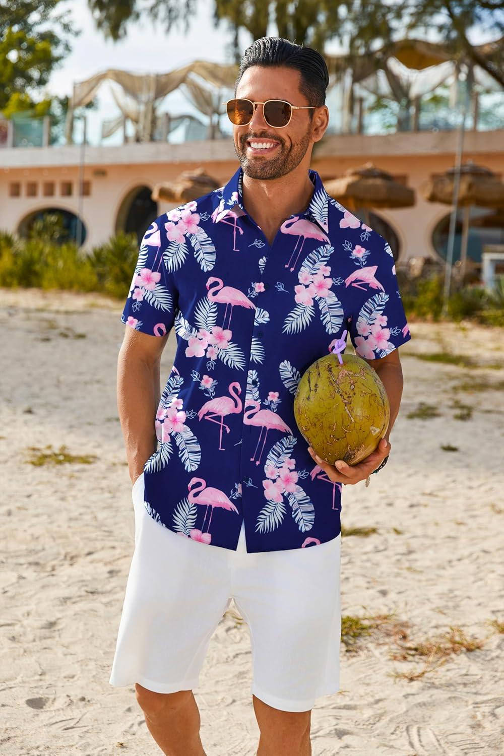 imageCOOFANDY Mens Hawaiian Shirt Short Sleeve Button Down Shirts Tropical Floral Summer Beach ShirtsBlue Flamingo