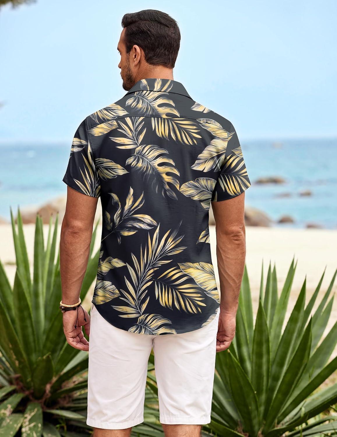 imageCOOFANDY Mens Hawaiian Shirt Short Sleeve Button Down Shirts Tropical Summer Beach Shirts Casual Floral Aloha ShirtsBlack Golden Leaves
