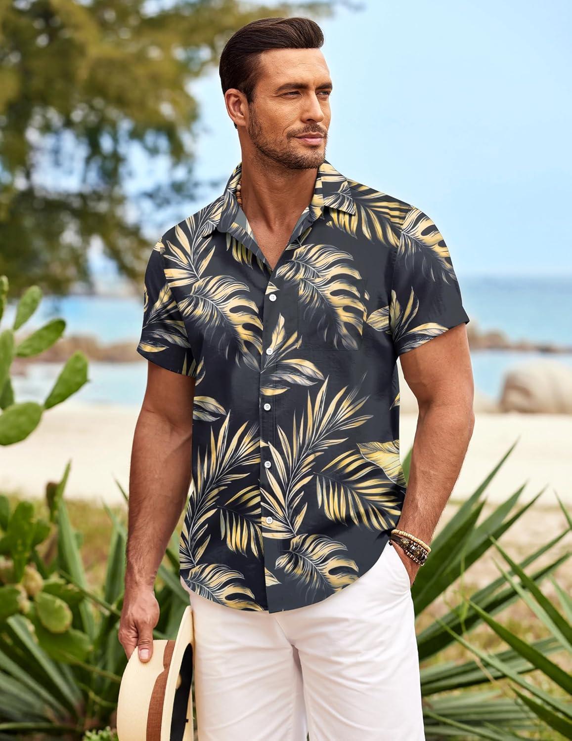 imageCOOFANDY Mens Hawaiian Shirt Short Sleeve Button Down Shirts Tropical Summer Beach Shirts Casual Floral Aloha ShirtsBlack Golden Leaves