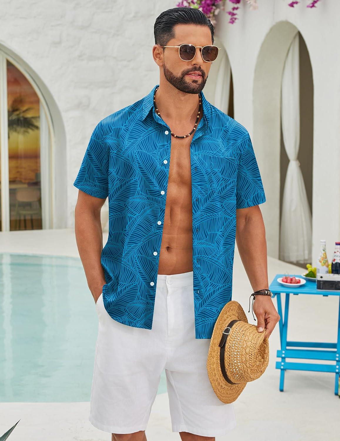 imageCOOFANDY Mens Hawaiian Shirts Short Sleeve Button Down Aloha Shirts Summer Vacation Beach ShirtsBluebanana Leaf