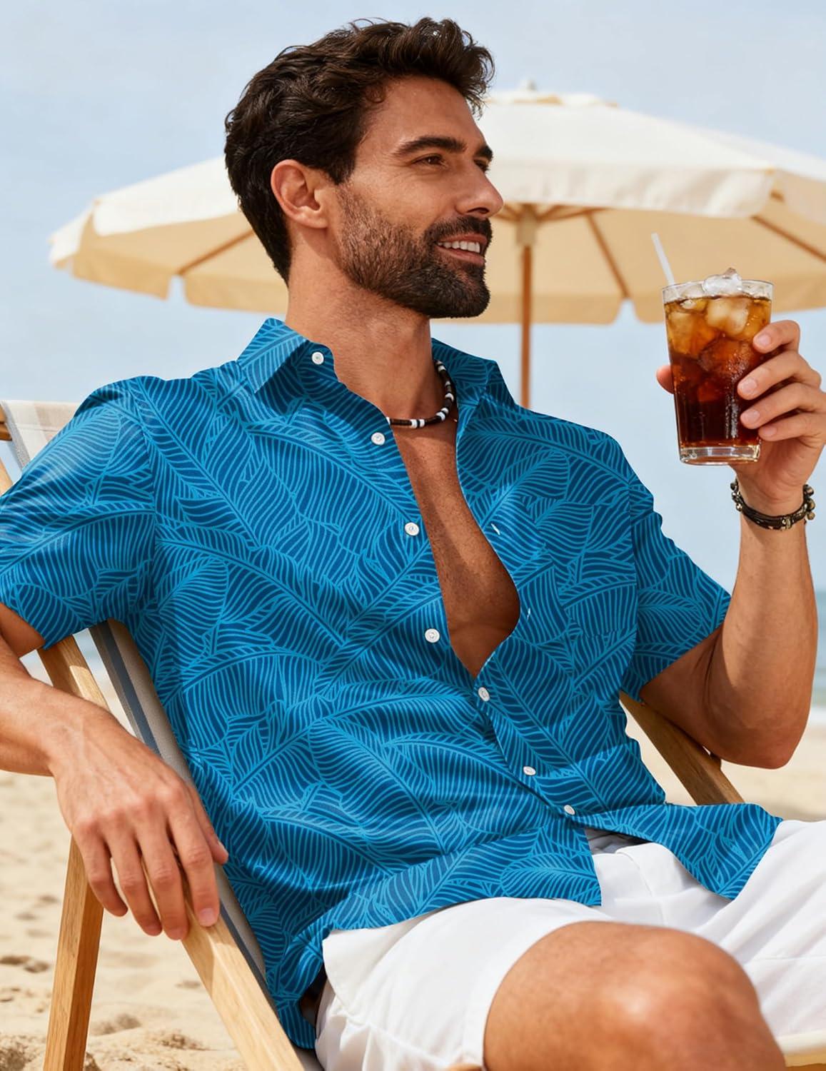 imageCOOFANDY Mens Hawaiian Shirts Short Sleeve Button Down Aloha Shirts Summer Vacation Beach ShirtsBluebanana Leaf