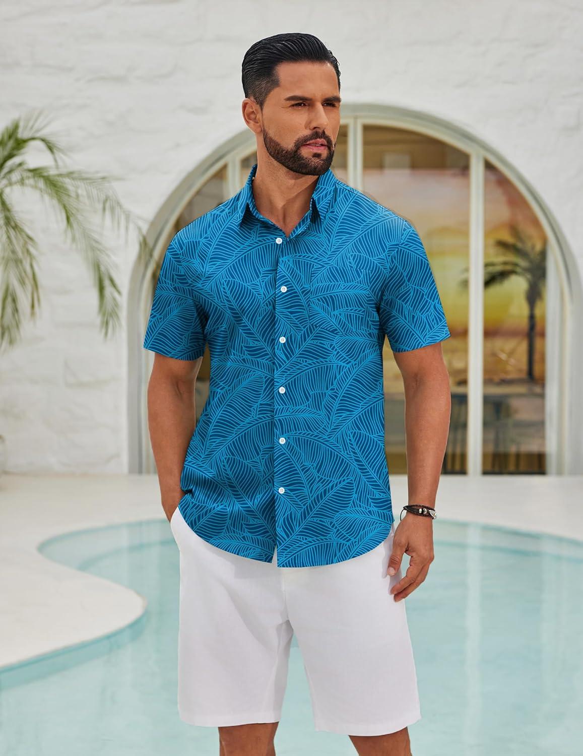 imageCOOFANDY Mens Hawaiian Shirts Short Sleeve Button Down Aloha Shirts Summer Vacation Beach ShirtsBluebanana Leaf