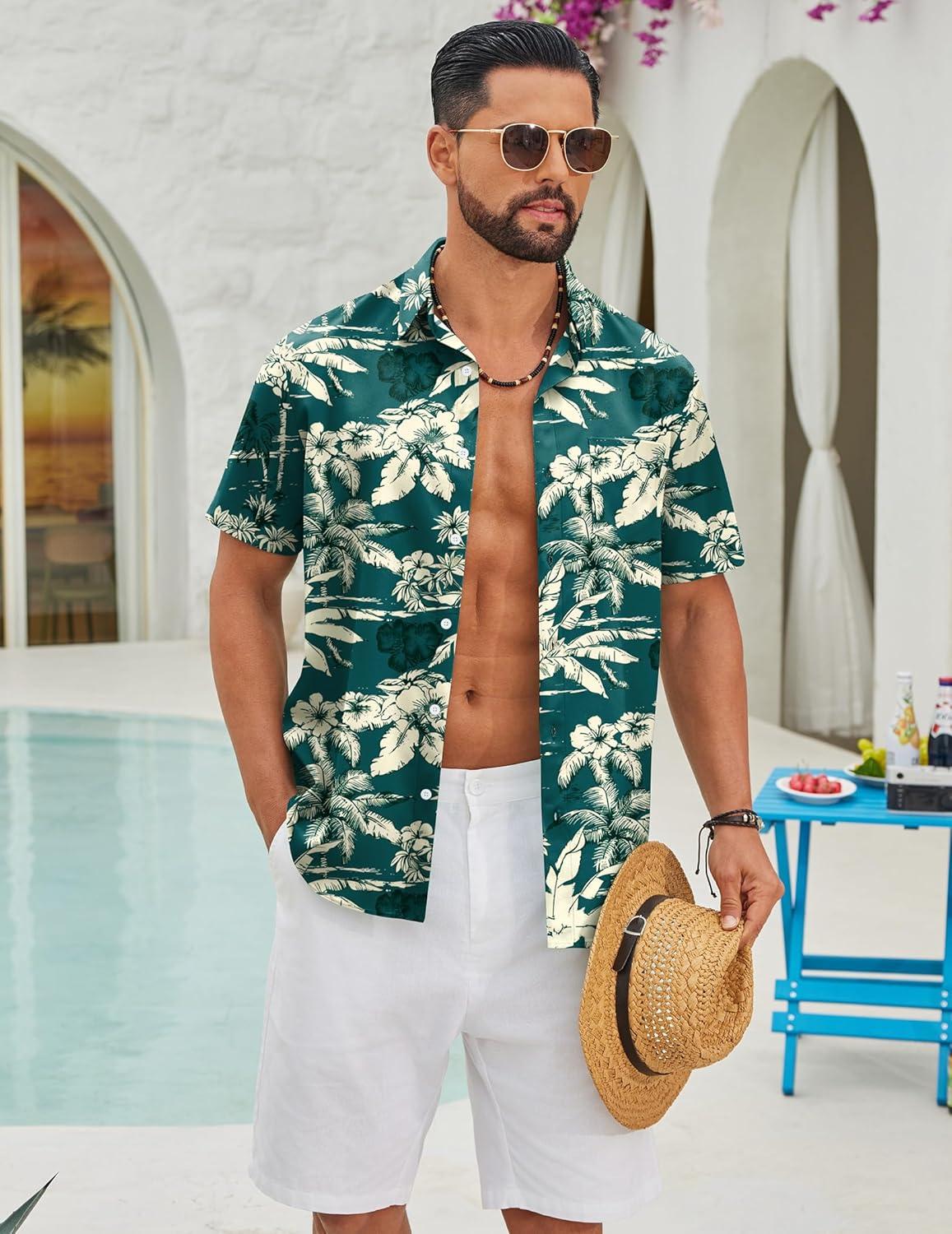 imageCOOFANDY Mens Hawaiian Shirts Short Sleeve Button Down Aloha Shirts Summer Vacation Beach ShirtsDark Greentropical Broadleaf