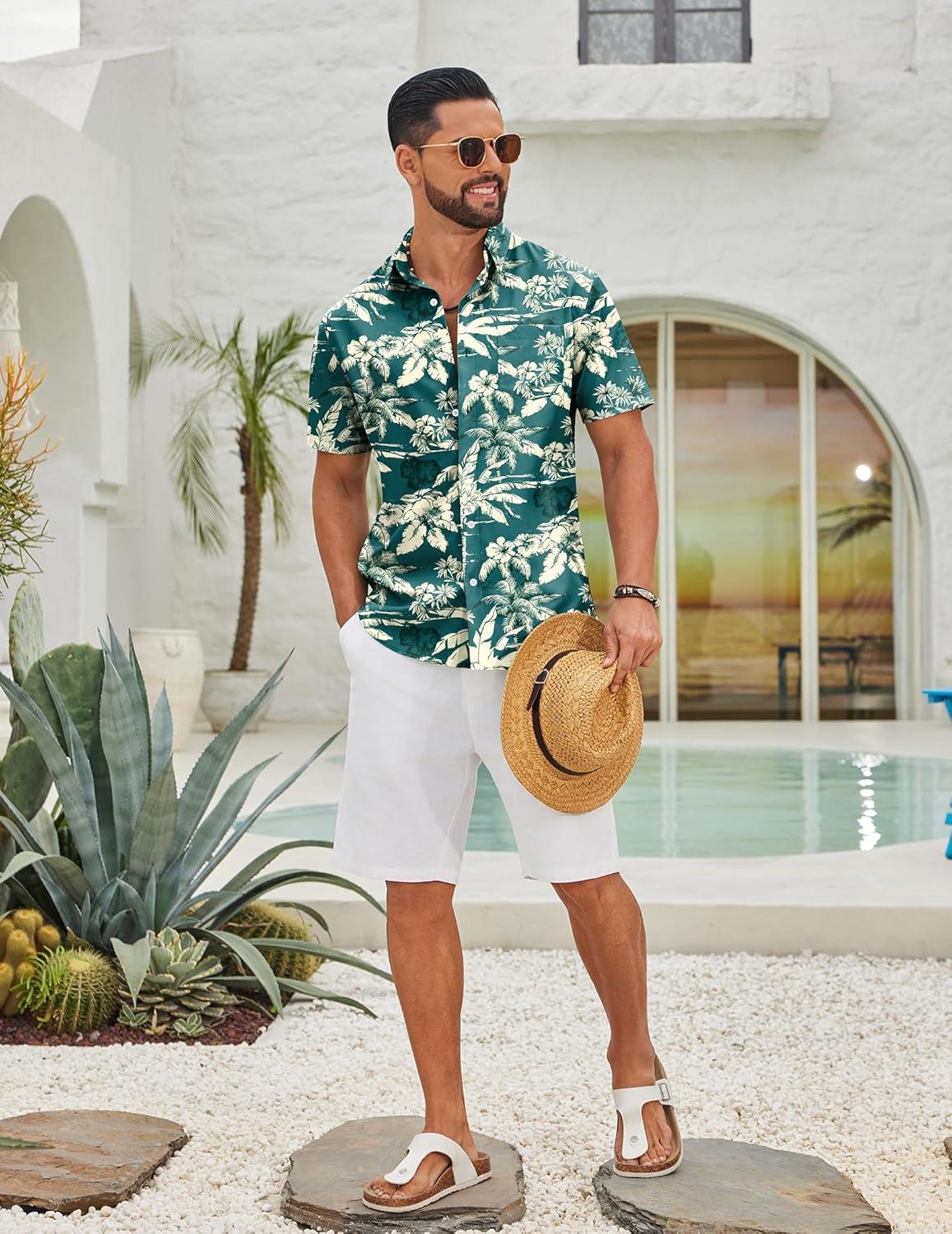 imageCOOFANDY Mens Hawaiian Shirts Short Sleeve Button Down Aloha Shirts Summer Vacation Beach ShirtsDark Greentropical Broadleaf