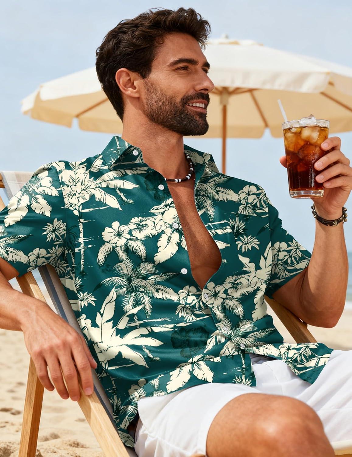 imageCOOFANDY Mens Hawaiian Shirts Short Sleeve Button Down Aloha Shirts Summer Vacation Beach ShirtsDark Greentropical Broadleaf