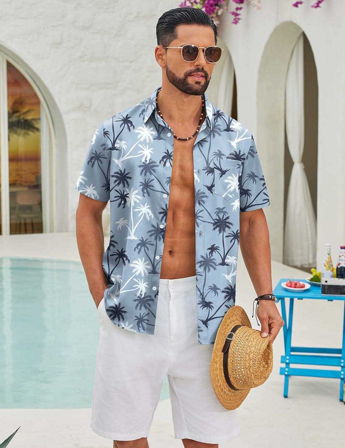 imageCOOFANDY Mens Hawaiian Shirts Short Sleeve Button Down Aloha Shirts Summer Vacation Beach ShirtsGreenpalm Tree