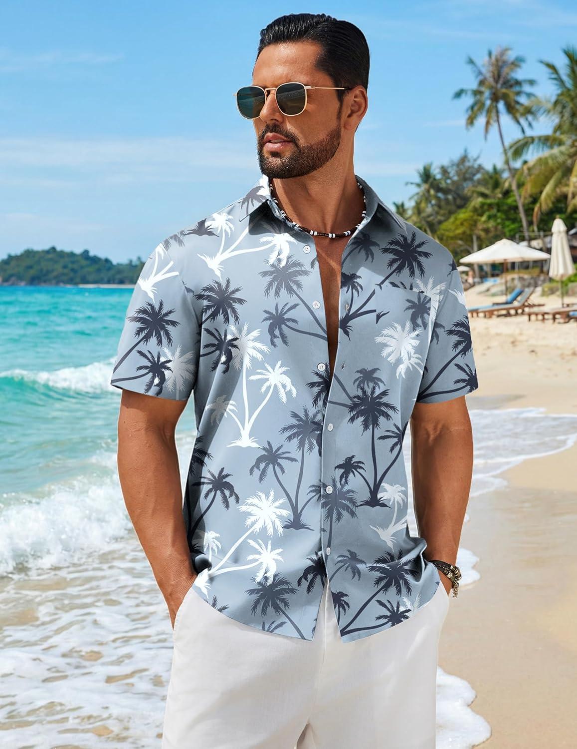imageCOOFANDY Mens Hawaiian Shirts Short Sleeve Button Down Aloha Shirts Summer Vacation Beach ShirtsGreenpalm Tree