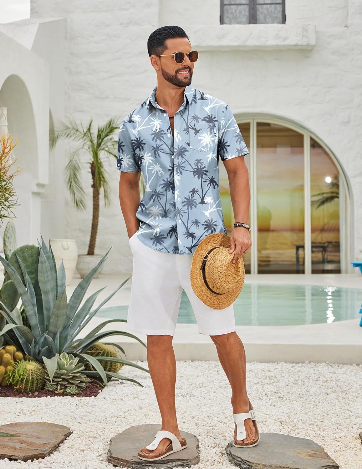 imageCOOFANDY Mens Hawaiian Shirts Short Sleeve Button Down Aloha Shirts Summer Vacation Beach ShirtsGreenpalm Tree