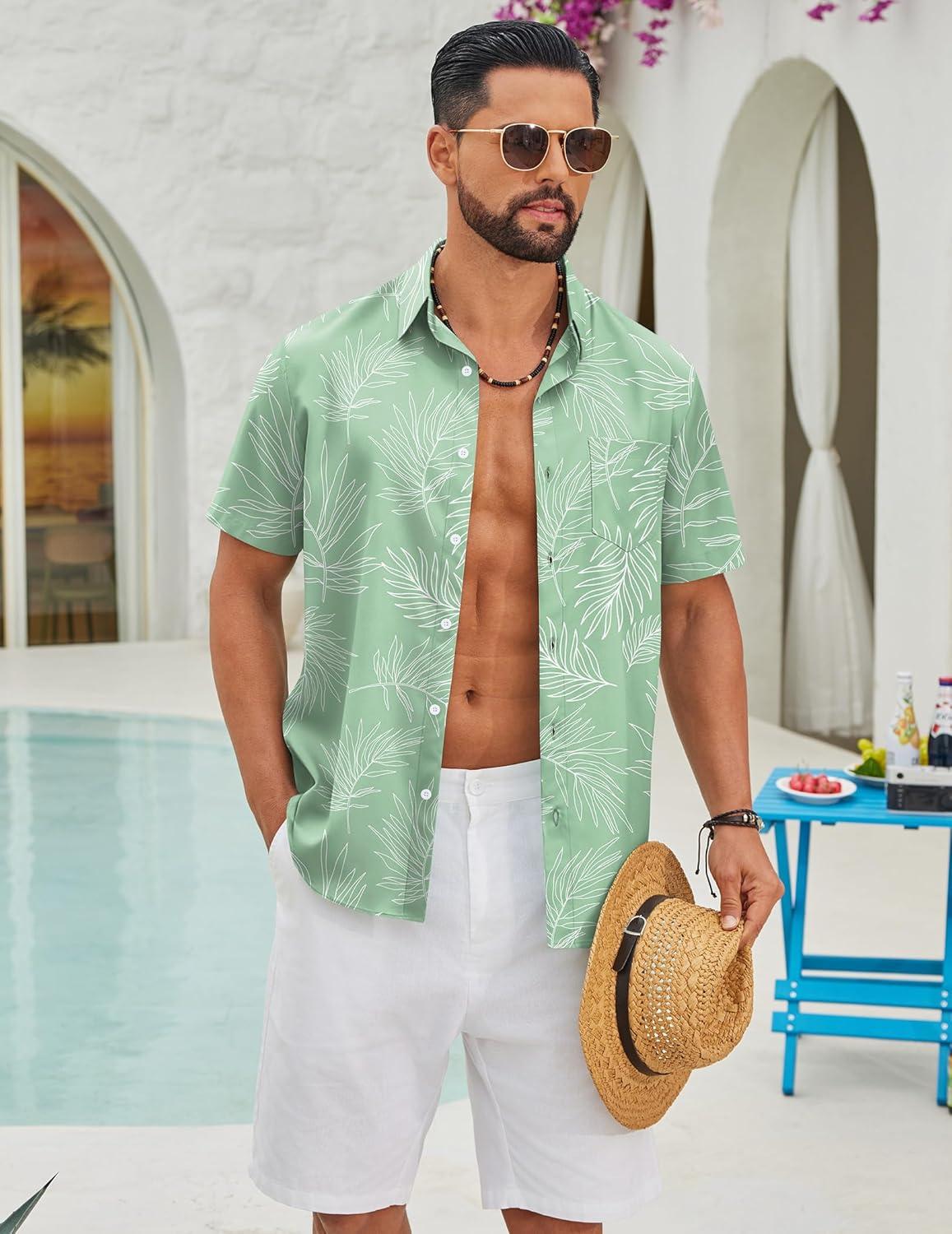 imageCOOFANDY Mens Hawaiian Shirts Short Sleeve Button Down Aloha Shirts Summer Vacation Beach ShirtsMint Greentropical Fern Leaf