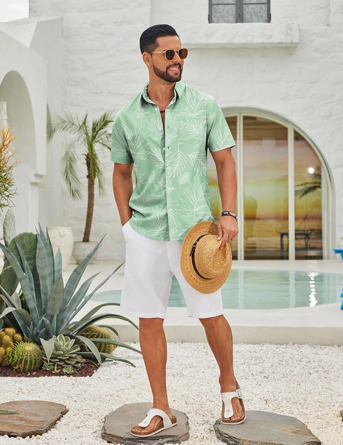 imageCOOFANDY Mens Hawaiian Shirts Short Sleeve Button Down Aloha Shirts Summer Vacation Beach ShirtsMint Greentropical Fern Leaf