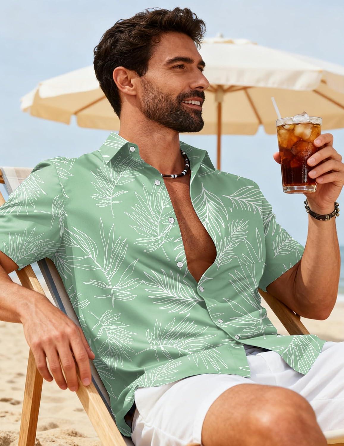 imageCOOFANDY Mens Hawaiian Shirts Short Sleeve Button Down Aloha Shirts Summer Vacation Beach ShirtsMint Greentropical Fern Leaf