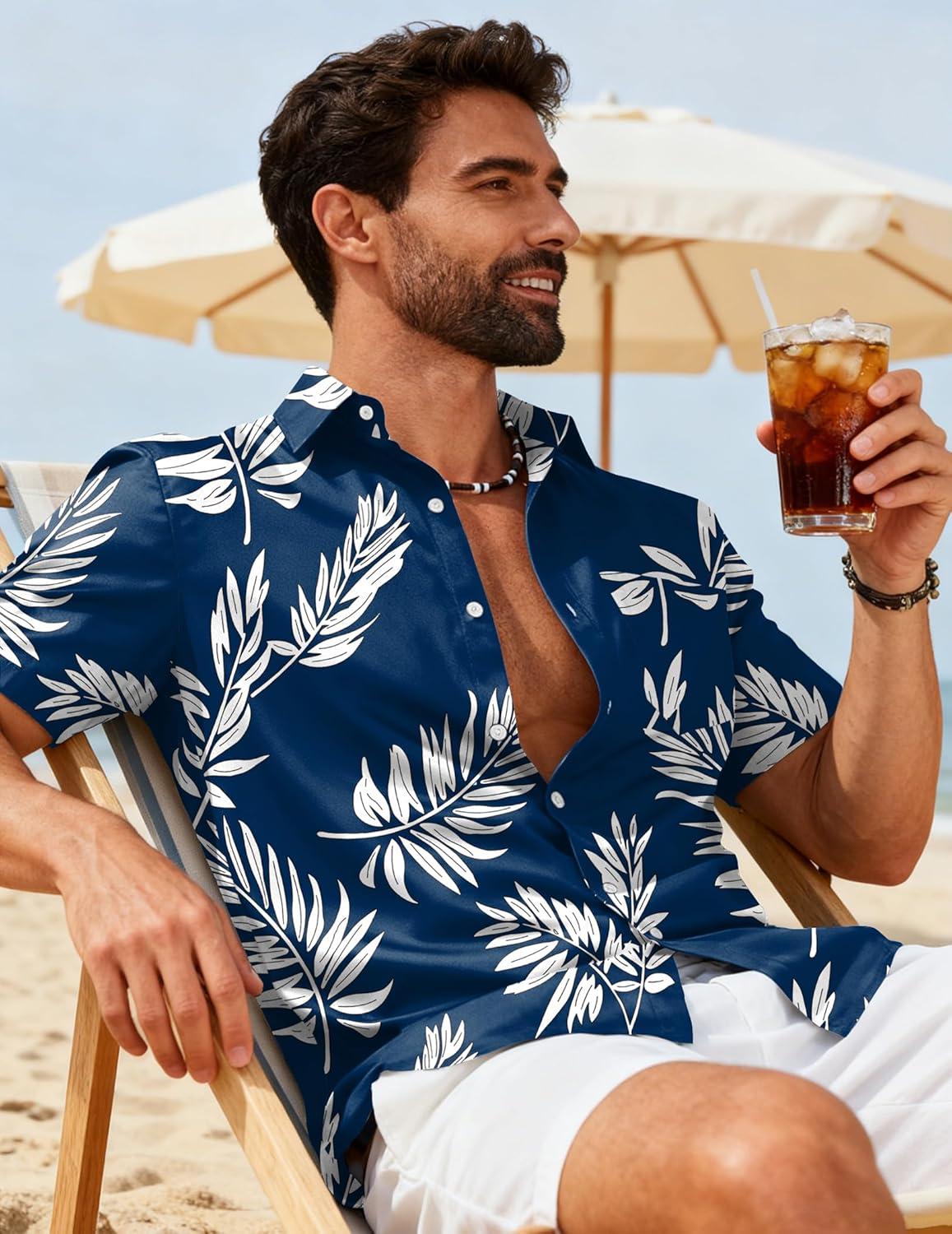 imageCOOFANDY Mens Hawaiian Shirts Short Sleeve Button Down Aloha Shirts Summer Vacation Beach ShirtsNavypalm Leaf
