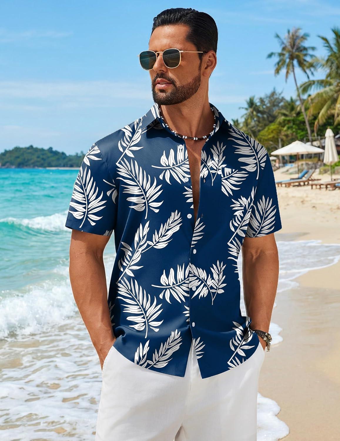 imageCOOFANDY Mens Hawaiian Shirts Short Sleeve Button Down Aloha Shirts Summer Vacation Beach ShirtsNavypalm Leaf