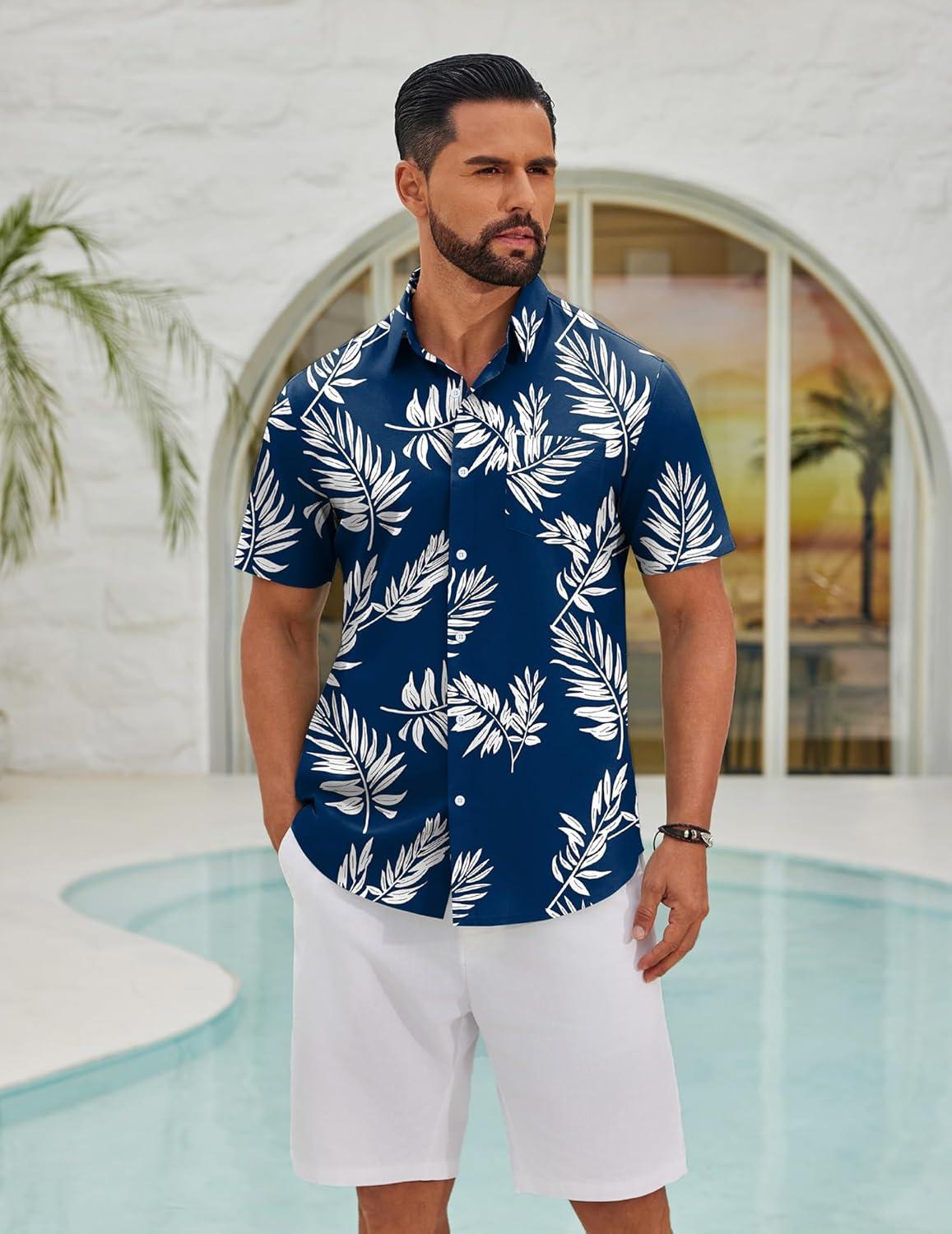 imageCOOFANDY Mens Hawaiian Shirts Short Sleeve Button Down Aloha Shirts Summer Vacation Beach ShirtsNavypalm Leaf