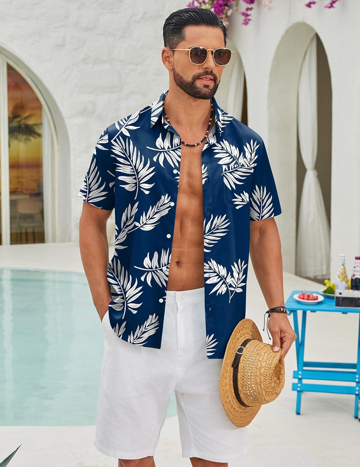 imageCOOFANDY Mens Hawaiian Shirts Short Sleeve Button Down Aloha Shirts Summer Vacation Beach ShirtsNavypalm Leaf