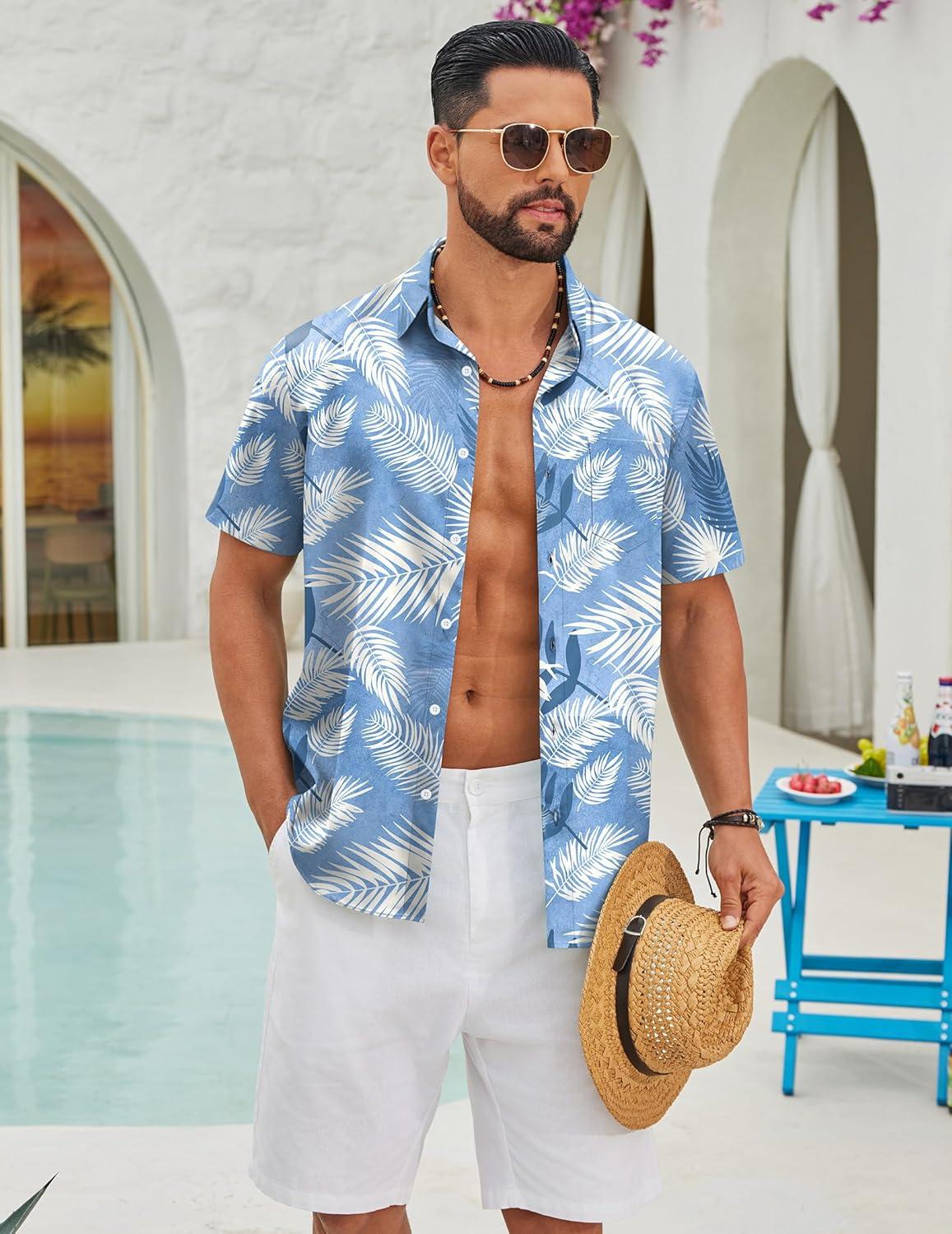 imageCOOFANDY Mens Hawaiian Shirts Short Sleeve Button Down Aloha Shirts Summer Vacation Beach ShirtsSky Bluetropical Leaf