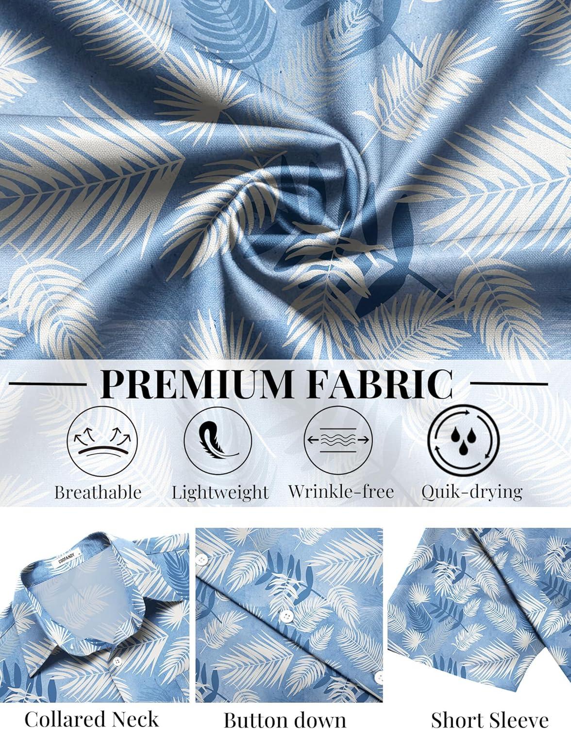 imageCOOFANDY Mens Hawaiian Shirts Short Sleeve Button Down Aloha Shirts Summer Vacation Beach ShirtsSky Bluetropical Leaf