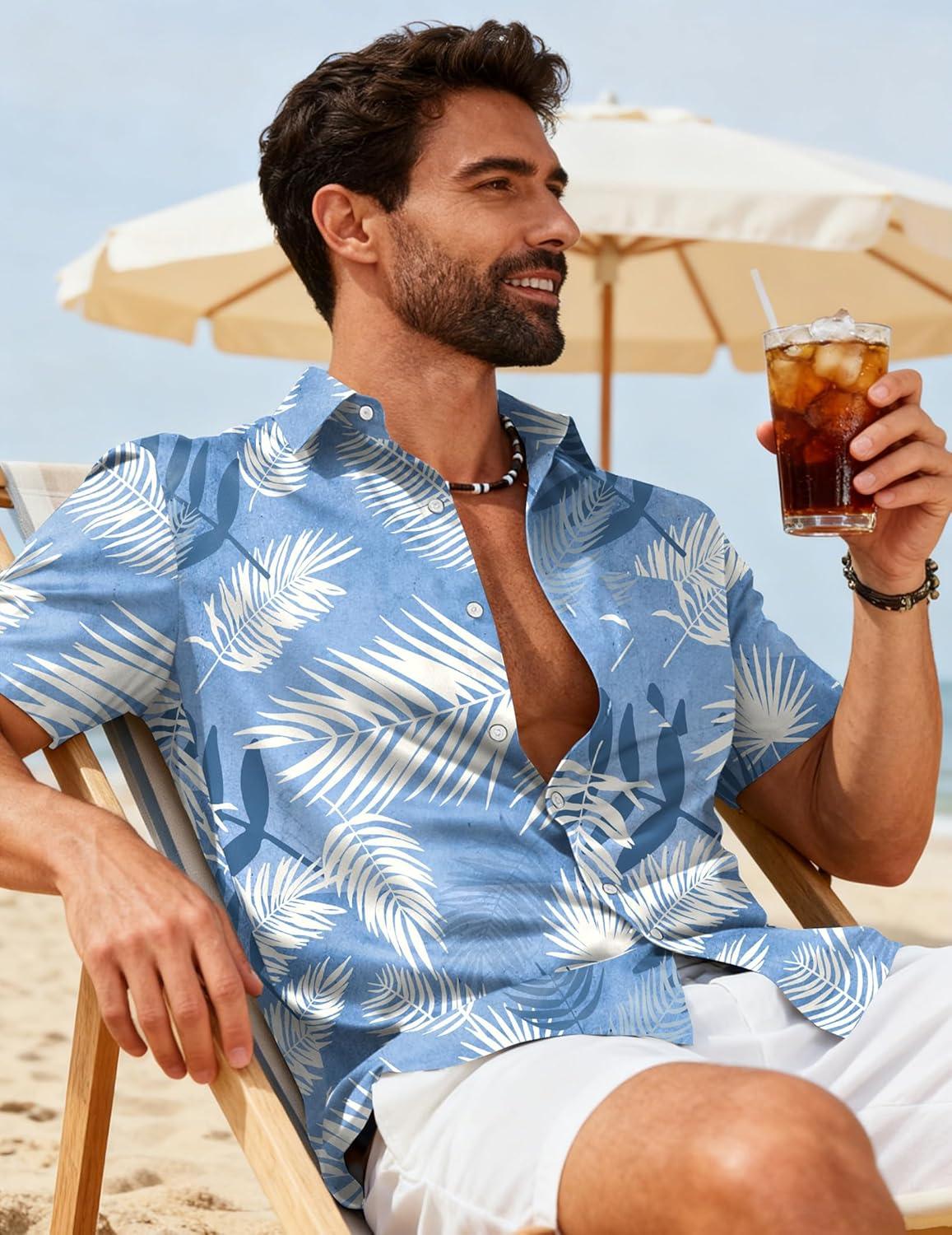 imageCOOFANDY Mens Hawaiian Shirts Short Sleeve Button Down Aloha Shirts Summer Vacation Beach ShirtsSky Bluetropical Leaf