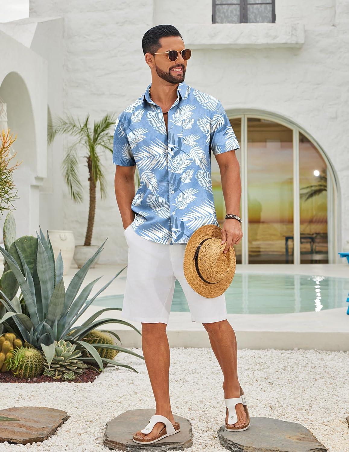 imageCOOFANDY Mens Hawaiian Shirts Short Sleeve Button Down Aloha Shirts Summer Vacation Beach ShirtsSky Bluetropical Leaf