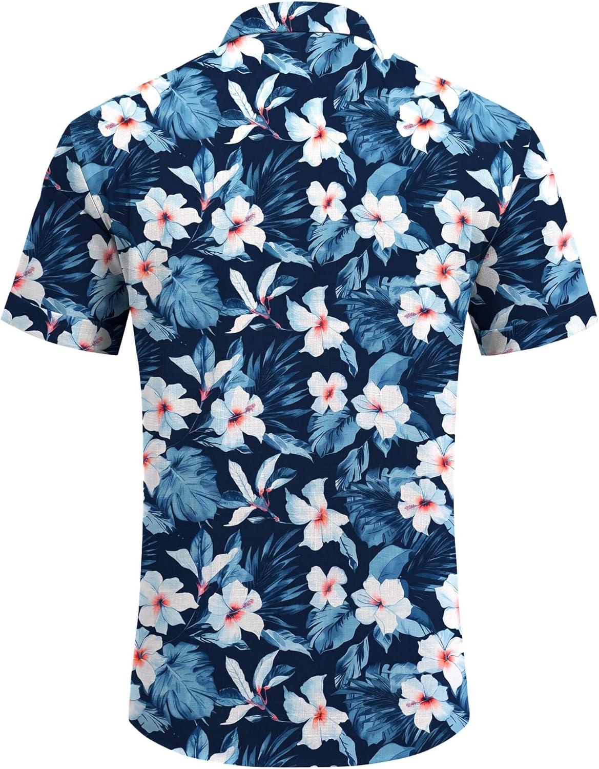imageCOOFANDY Mens Linen Shirts Short Sleeve Casual Shirts Button Down Shirt for Men Beach Summer Wedding ShirtFloraldeep Blue White