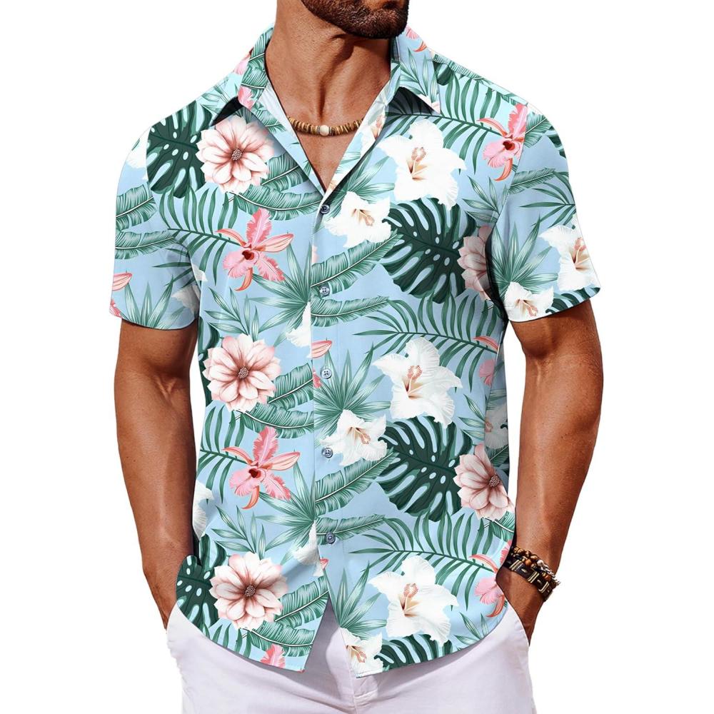 imageCOOFANDY Mens Hawaiian Shirt Short Sleeve Button Down Shirts Tropical Floral Summer Beach ShirtsLight Aqua Tropical Floral