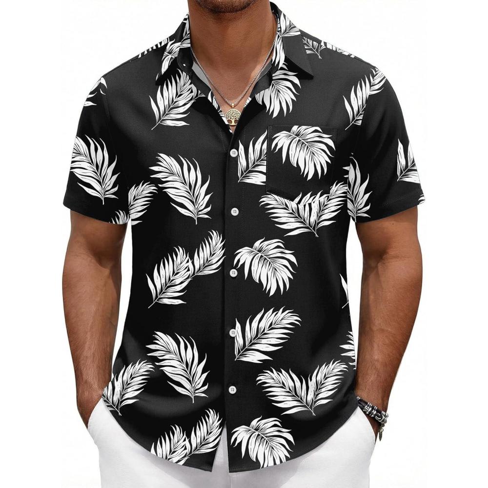 imageCOOFANDY Mens Hawaiian Shirts Short Sleeve Button Down Aloha Shirts Summer Vacation Beach ShirtsBlackpalm Leaf