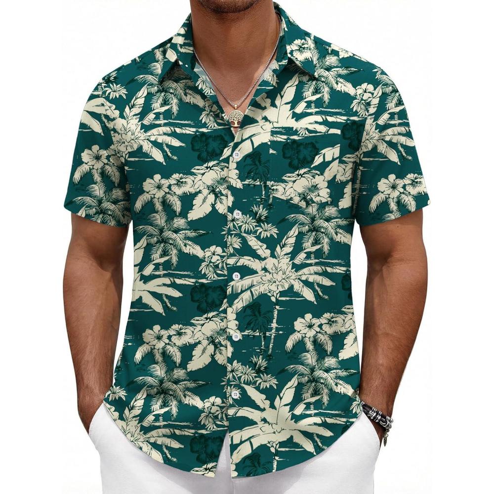 imageCOOFANDY Mens Hawaiian Shirts Short Sleeve Button Down Aloha Shirts Summer Vacation Beach ShirtsDark Greentropical Broadleaf